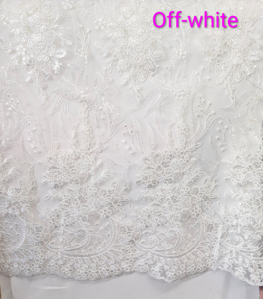 Grace Polyester Lace Fabric - White, Off White Floral Embroidery, Clear Sequins, 50-51" Width (1 Yard)