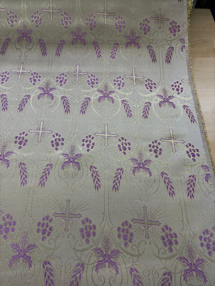 Church Metallic Brocade Wheat And Cross Polyester Brocade Fabric - Green, Red, Gold And Purple, Metallic Cross, Grapes And Wheat Jacquard, 58-59" Width (1 Yard)