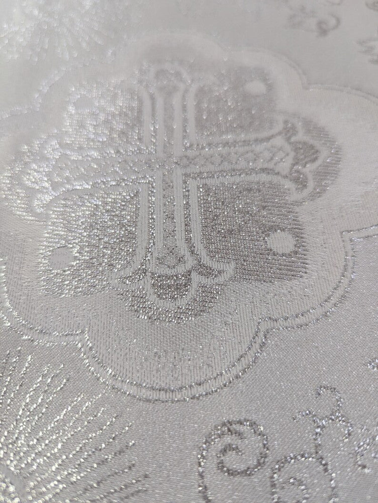Silver Church Metallic Cross Polyester Brocade Fabric - White/Silver Cross Pattern, 58/59" Width (1 Yard)