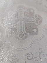 Silver Church Metallic Cross Polyester Brocade Fabric - White/Silver Cross Pattern, 58/59" Width (1 Yard)
