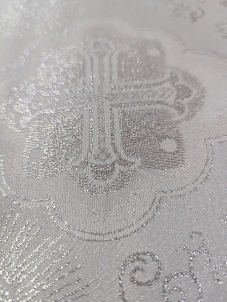 Silver Church Metallic Cross Polyester Brocade Fabric - White/Silver Cross Pattern, 58/59" Width (1 Yard)