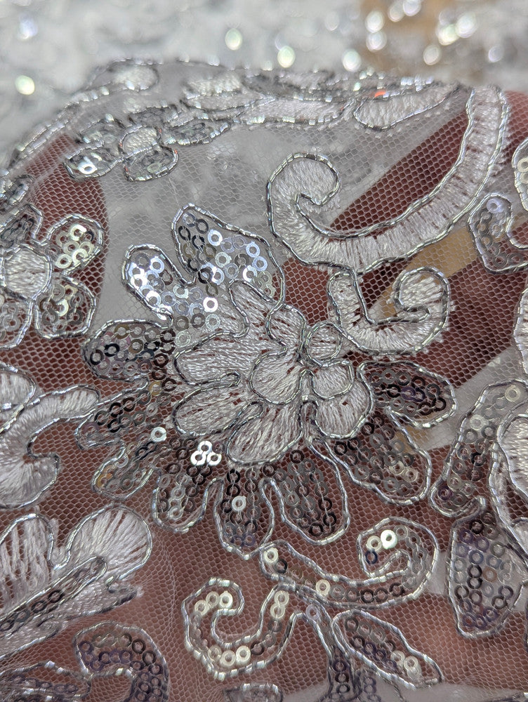 All Over Flowers With Sequins Polyester Lace Fabric - Multiple Colors, Floral Mesh With Metallic Thread, 50" Width (1 Yard)