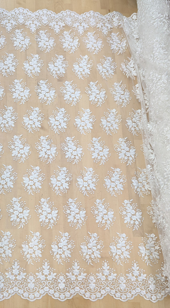 Regina Polyester Lace Fabric - White, Off-White, Black, Bridal Floral Embroidered Mesh, Scalloped Edges, 51/52" Width (1 Yard)