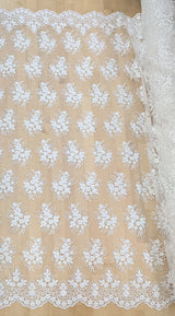 Regina Polyester Lace Fabric - White, Off-White, Black, Bridal Floral Embroidered Mesh, Scalloped Edges, 51/52" Width (1 Yard)