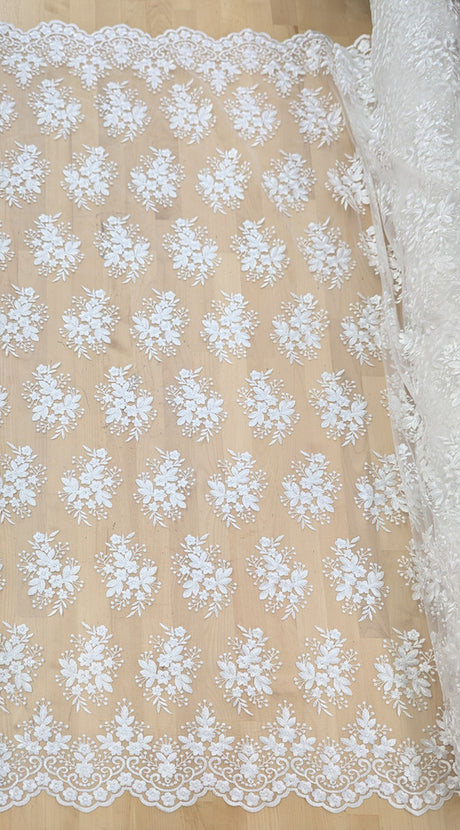 Regina Polyester Lace Fabric - White, Off-White, Black, Bridal Floral Embroidered Mesh, Scalloped Edges, 51/52" Width (1 Yard)