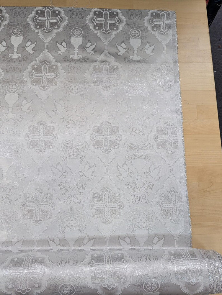 Silver Church Metallic Cross Polyester Brocade Fabric - White/Silver Cross Pattern, 58/59" Width (1 Yard)