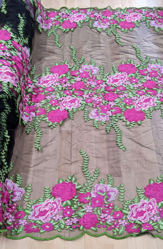 Alameda Polyester Lace Fabric - Black Mesh, Embroidered Floral, 50/51" Width (1 Yard)