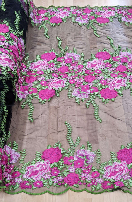 Alameda Polyester Lace Fabric - Black Mesh, Embroidered Floral, 50/51" Width (1 Yard)