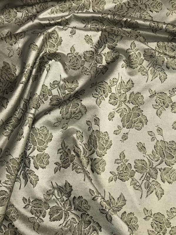 Gray Metallic Rose Polyester Brocade Fabric - Black/Gold Metallic Outline, 58/59" Width (1 Yard)