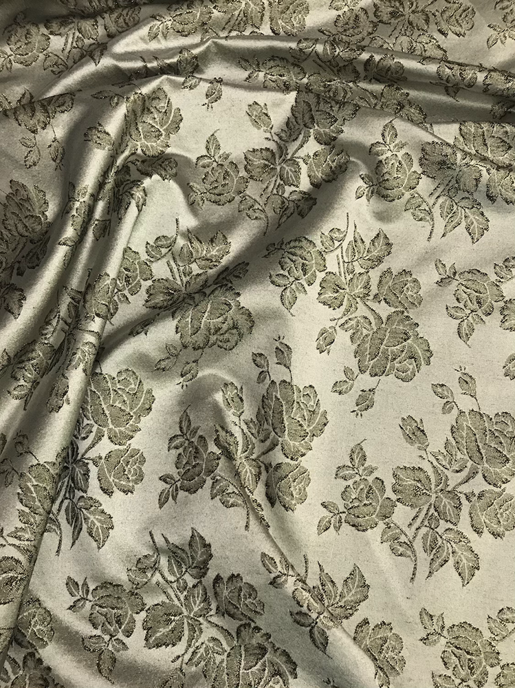 Gray Metallic Rose Polyester Brocade Fabric - Black/Gold Metallic Outline, 58/59" Width (1 Yard)