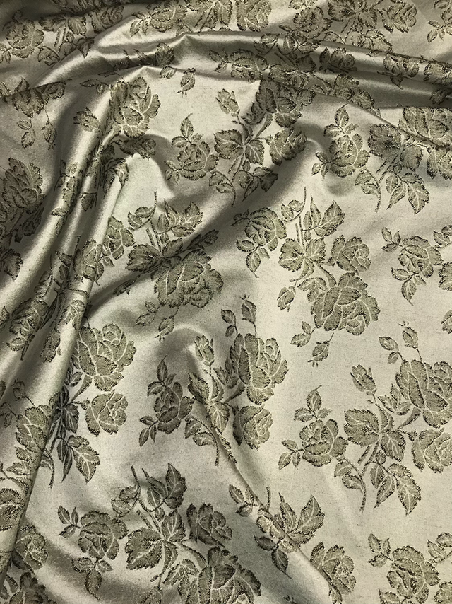 Gray Metallic Rose Polyester Brocade Fabric - Black/Gold Metallic Outline, 58/59" Width (1 Yard)