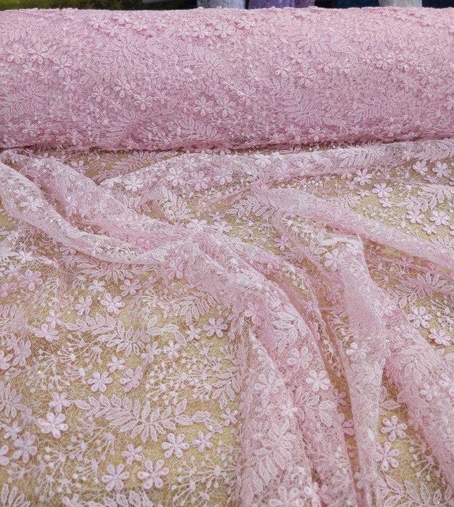 Daisy Bridal Lace Polyester Fabric - White, Off White, Pink, Small Flower Embroidery With Clear Sequins, 50-51" Width (1 Yard)