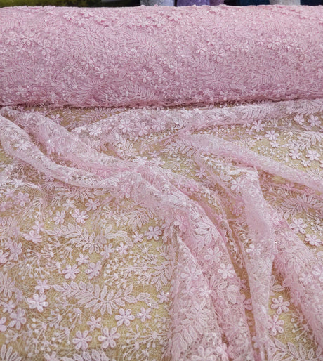 Daisy Bridal Lace Polyester Fabric - White, Off White, Pink, Small Flower Embroidery With Clear Sequins, 50-51" Width (1 Yard)