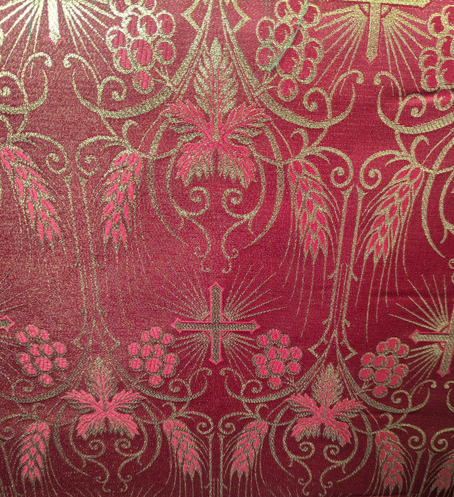 Church Metallic Brocade Wheat And Cross Polyester Brocade Fabric - Green, Red, Gold And Purple, Metallic Cross, Grapes And Wheat Jacquard, 58-59" Width (1 Yard)