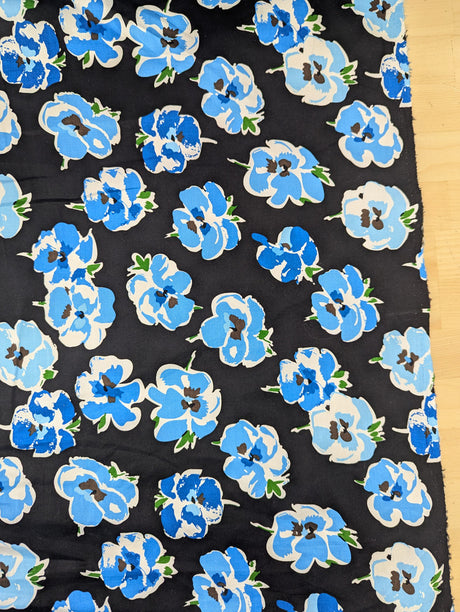 Blue Flower Print Cotton Spandex Fabric - Blue Floral On Black, 46-47" Width (1 Yard)