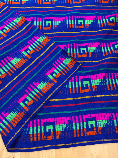 Pirámide Acrylic Fabric - Royal Blue Multicolor Geometric Pyramid Pattern, Horizontal Design, 30" Width (1 Yard)
