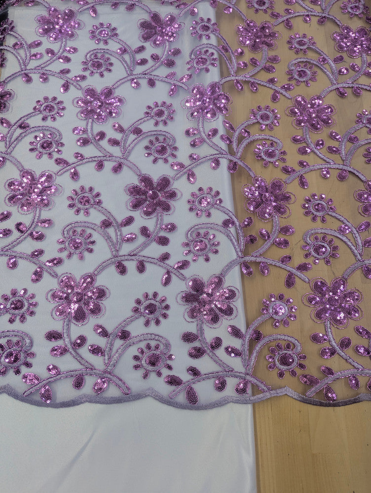 All Over Flowers With Sequins Polyester Lace Fabric - Lilac, Floral Sequins, 55" Width (1 Yard)