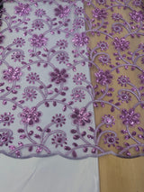 All Over Flowers With Sequins Polyester Lace Fabric - Lilac, Floral Sequins, 55" Width (1 Yard)