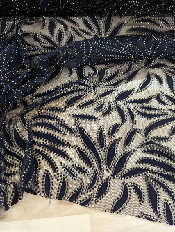 Black Velvet Flocking Lace Polyester Lace Fabric - Glitter Accent, Stretch Mesh, 59/60" Width (1 Yard)