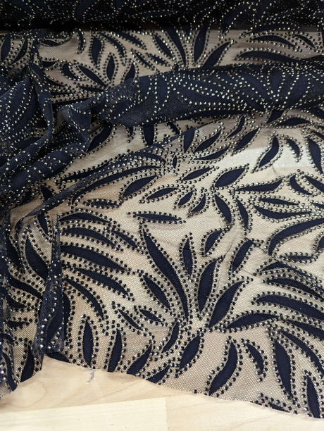 Black Velvet Flocking Lace Polyester Lace Fabric - Glitter Accent, Stretch Mesh, 59/60" Width (1 Yard)