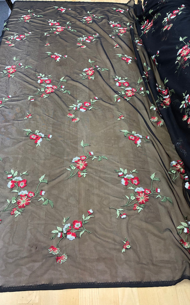 Red And White Flower Lace Polyester/Spandex Fabric - Embroidered Stretch Mesh, Red/White Flowers, Green Leaves, 57" Width (1 Yard)