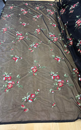 Red And White Flower Lace Polyester/Spandex Fabric - Embroidered Stretch Mesh, Red/White Flowers, Green Leaves, 57" Width (1 Yard)