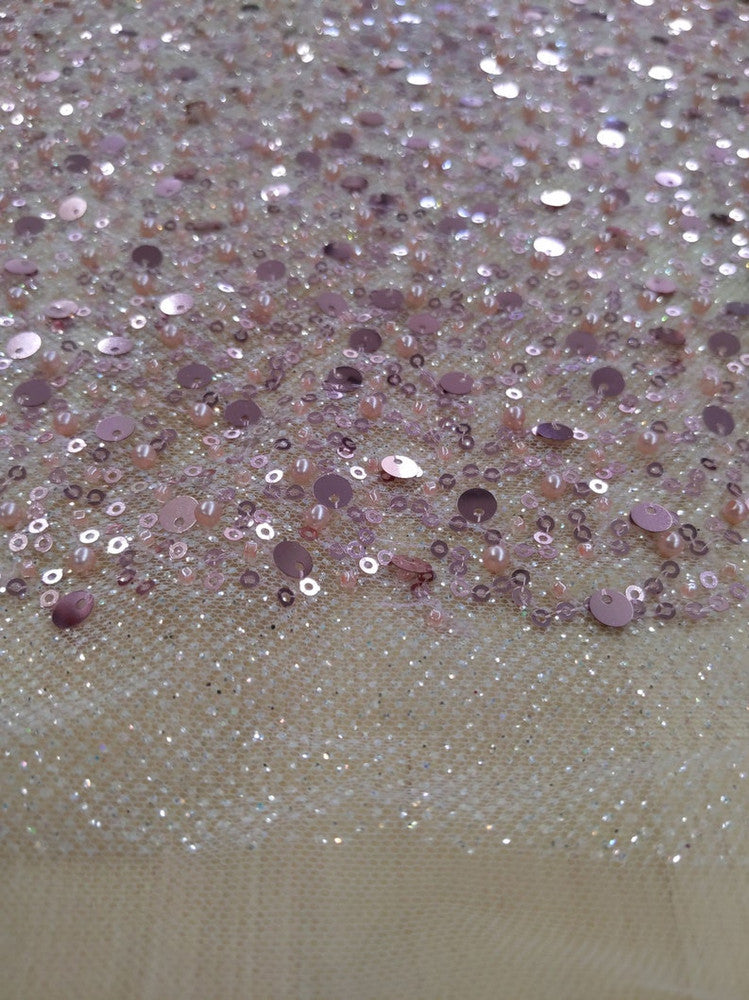 All Over Beads And Sequins Bridal Lace Polyester Fabric - Blush Pink And Light Ivory, Mesh With Beads, Sequins And Pearls, 59/60" Width (1 Yard)