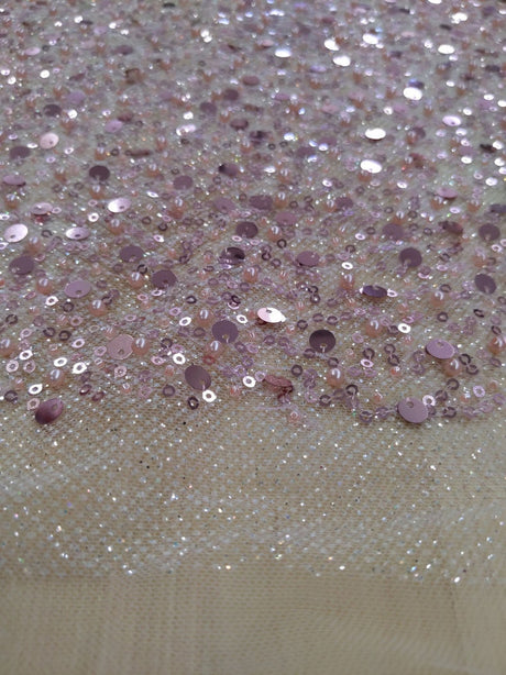 All Over Beads And Sequins Bridal Lace Polyester Fabric - Blush Pink And Light Ivory, Mesh With Beads, Sequins And Pearls, 59/60" Width (1 Yard)
