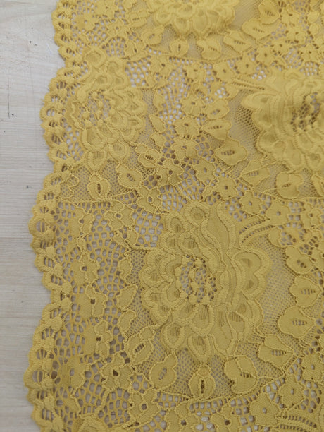 Mustard Stretch Lace Polyester Spandex Fabric - Mustard Floral Pattern, Small Scallop, Sheer, 54/55" Width (1 Yard)