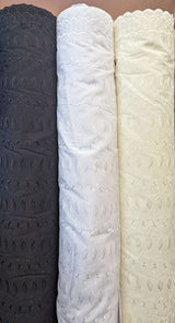 Cotton Eyelet Poly Cotton Fabric - Assorted Colors, Floral Eyelet Embroidery, Scalloped Borders, 44/45" Width (1 Yard)