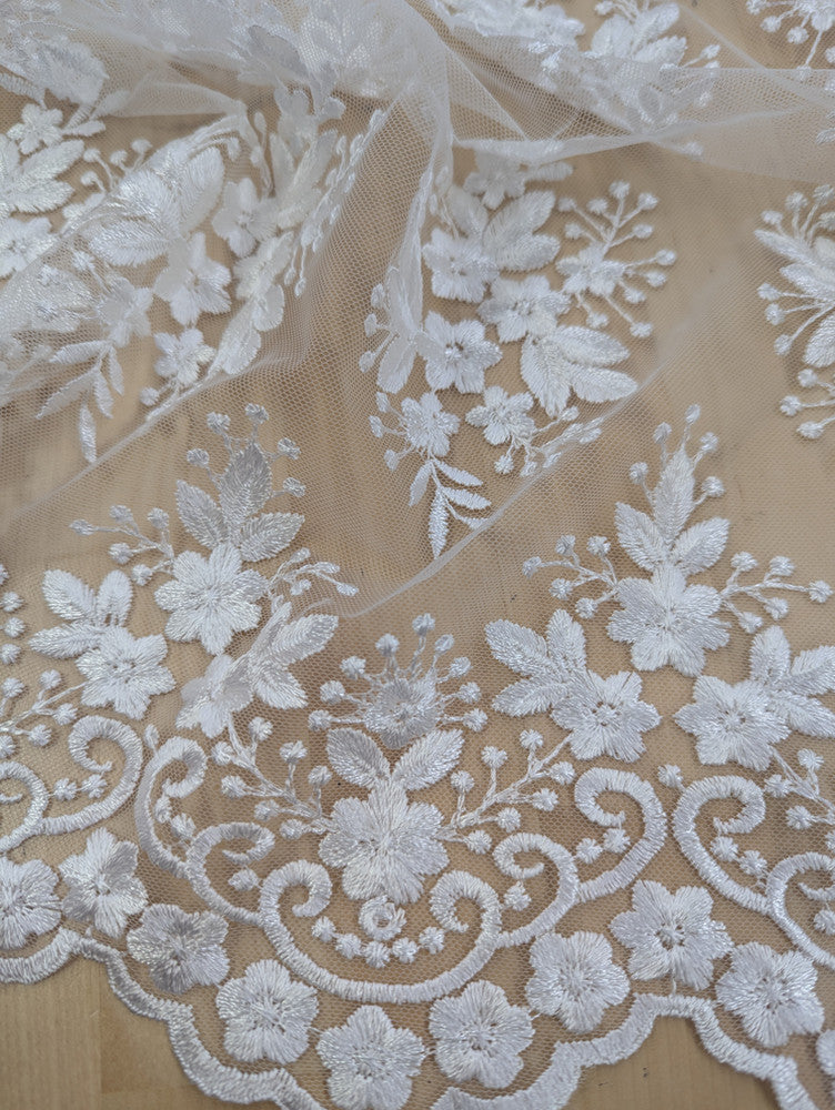 Regina Polyester Lace Fabric - White, Off-White, Black, Bridal Floral Embroidered Mesh, Scalloped Edges, 51/52" Width (1 Yard)