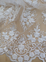 Regina Polyester Lace Fabric - White, Off-White, Black, Bridal Floral Embroidered Mesh, Scalloped Edges, 51/52" Width (1 Yard)