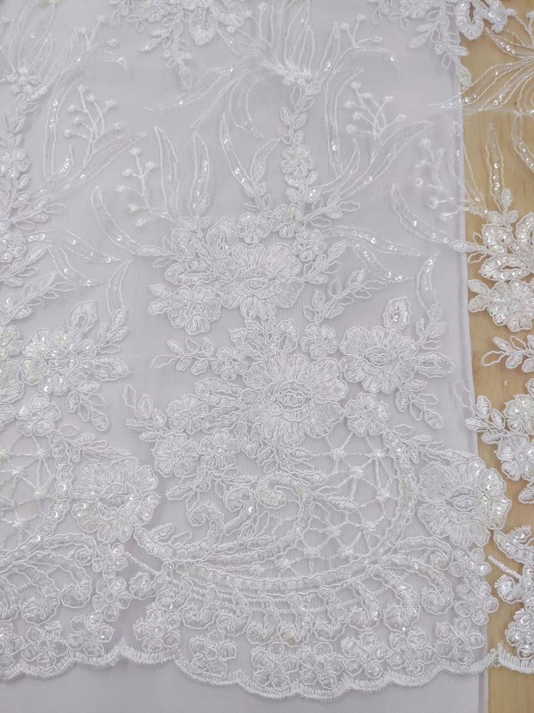Grace Polyester Lace Fabric - White, Off White Floral Embroidery, Clear Sequins, 50-51" Width (1 Yard)
