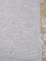 Grace Polyester Lace Fabric - White, Off White Floral Embroidery, Clear Sequins, 50-51" Width (1 Yard)