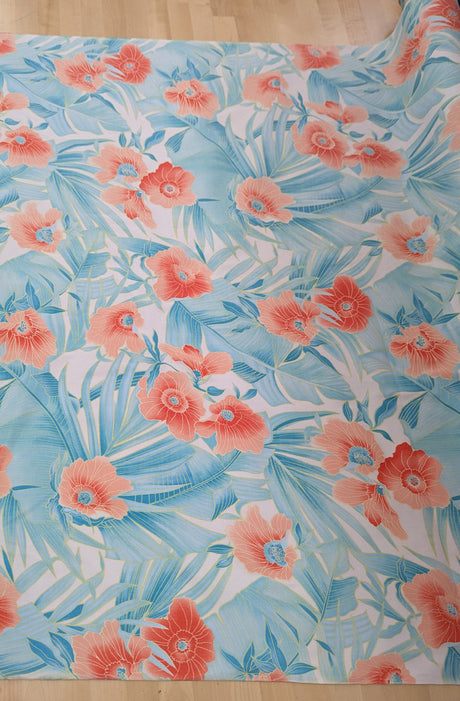 Coral Flower Print Cotton Spandex Fabric - Coral/Turquoise/Aqua Floral, 44/45" Width (1 Yard)