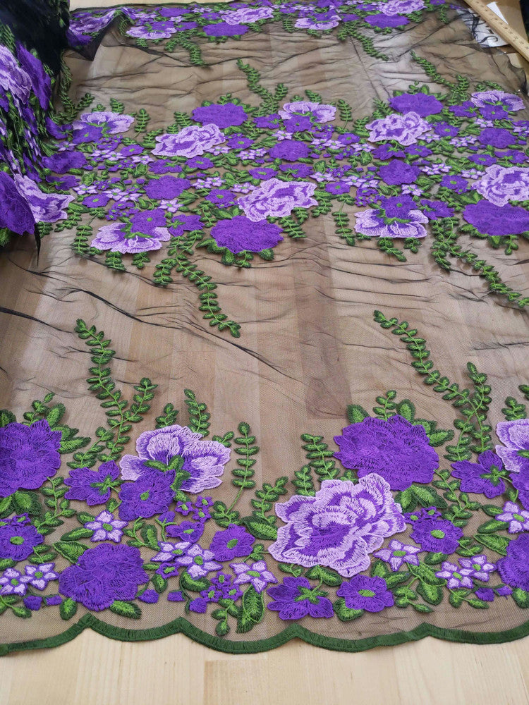 Alameda Polyester Lace Fabric - Black Mesh, Embroidered Floral, 50/51" Width (1 Yard)