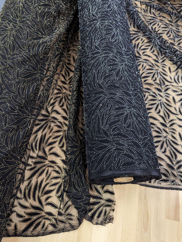 Black Velvet Flocking Lace Polyester Lace Fabric - Glitter Accent, Stretch Mesh, 59/60" Width (1 Yard)