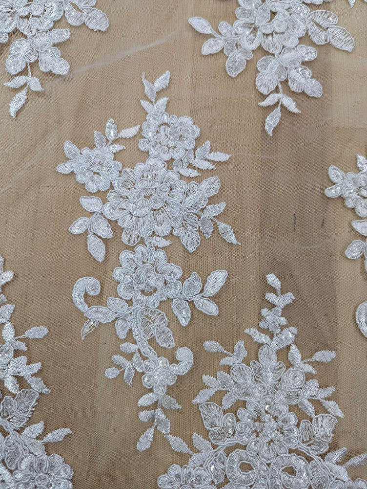 Bridal Lace With Sequins Polyester Lace Fabric - Multiple Colors, Corded Floral, Scalloped Edges, 50/51" Width (1 Yard)