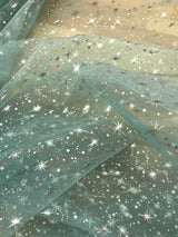 Foil Star Polyester Organza Fabric - Multiple Colors, Silver Foil Stars, 58/59" Width (1 Yard)