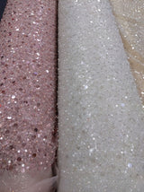 All Over Beads And Sequins Bridal Lace Polyester Fabric - Blush Pink And Light Ivory, Mesh With Beads, Sequins And Pearls, 59/60" Width (1 Yard)