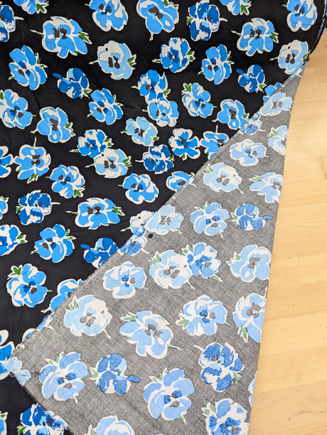 Blue Flower Print Cotton Spandex Fabric - Blue Floral On Black, 46-47" Width (1 Yard)
