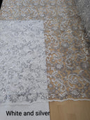 All Over Flowers With Sequins Polyester Lace Fabric - Multiple Colors, Floral Mesh With Metallic Thread, 50" Width (1 Yard)