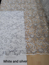 All Over Flowers With Sequins Polyester Lace Fabric - Multiple Colors, Floral Mesh With Metallic Thread, 50" Width (1 Yard)