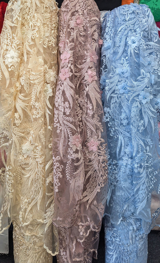 3D Embroidered Flower Lace Polyester Fabric - Light Champagne, Baby Blue, Mauve, Pearl-Embellished 3D Floral, 54-55" Width (1 Yard)