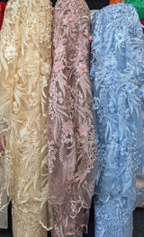 3D Embroidered Flower Lace Polyester Fabric - Light Champagne, Baby Blue, Mauve, Pearl-Embellished 3D Floral, 54-55" Width (1 Yard)
