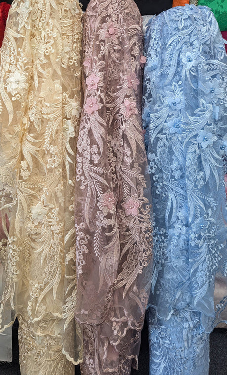 3D Embroidered Flower Lace Polyester Fabric - Light Champagne, Baby Blue, Mauve, Pearl-Embellished 3D Floral, 54-55" Width (1 Yard)