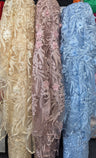 3D Embroidered Flower Lace Polyester Fabric - Light Champagne, Baby Blue, Mauve, Pearl-Embellished 3D Floral, 54-55" Width (1 Yard)