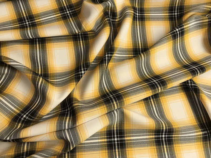 Yellow Plaid Polyester Poplin Fabric - Yellow/Gray/Black Plaid On White, 58/59" Width (1 Yard)