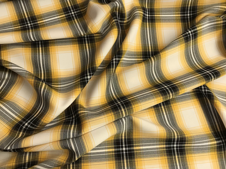Yellow Plaid Polyester Poplin Fabric - Yellow/Gray/Black Plaid On White, 58/59" Width (1 Yard)