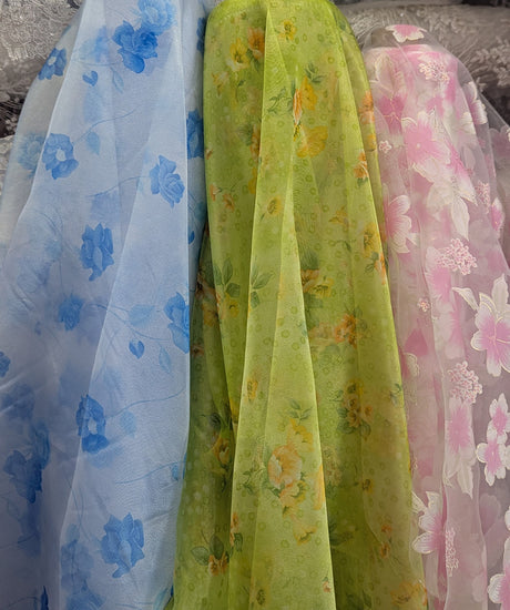 Organza With Flowers Polyester Organza Fabric - Lime Green, Orange Floral, 58/59" Width (1 Yard)